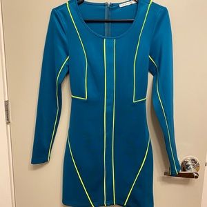 Teal & neon stretchy bodycon dress